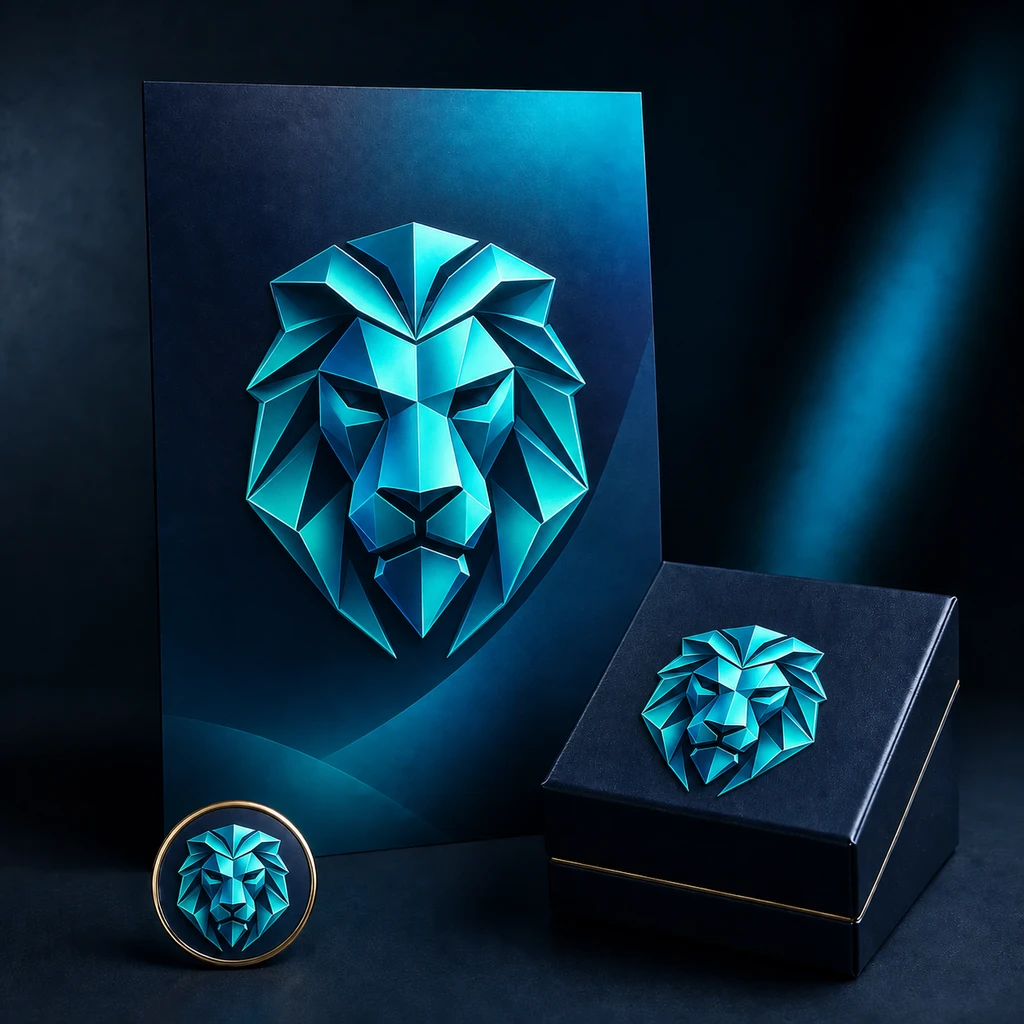 Dimensional geometric lion logo across campaign materials