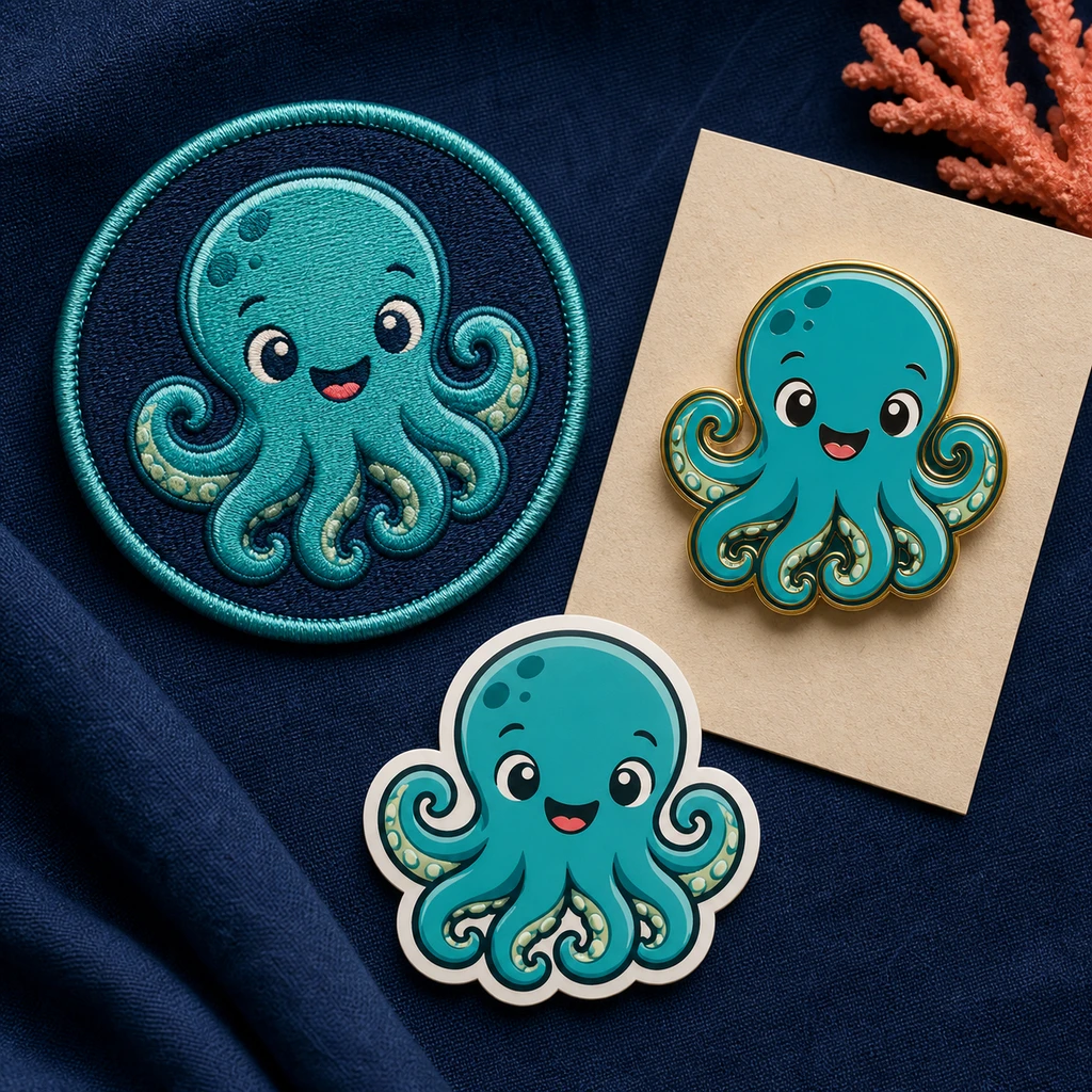 Octopus mascot adapted as a patch, enamel pin, and sticker