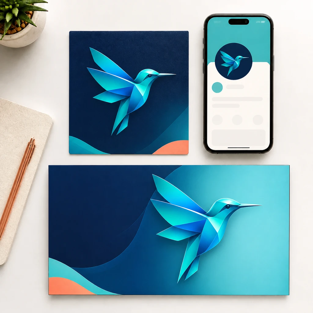 Geometric hummingbird logo across social and launch graphics