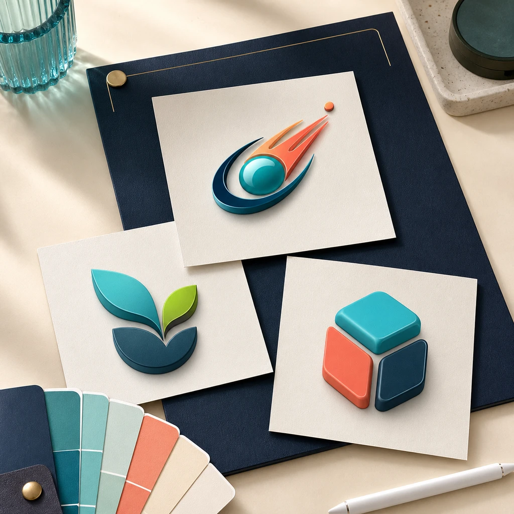 Three distinct startup logo concepts on a branding workspace